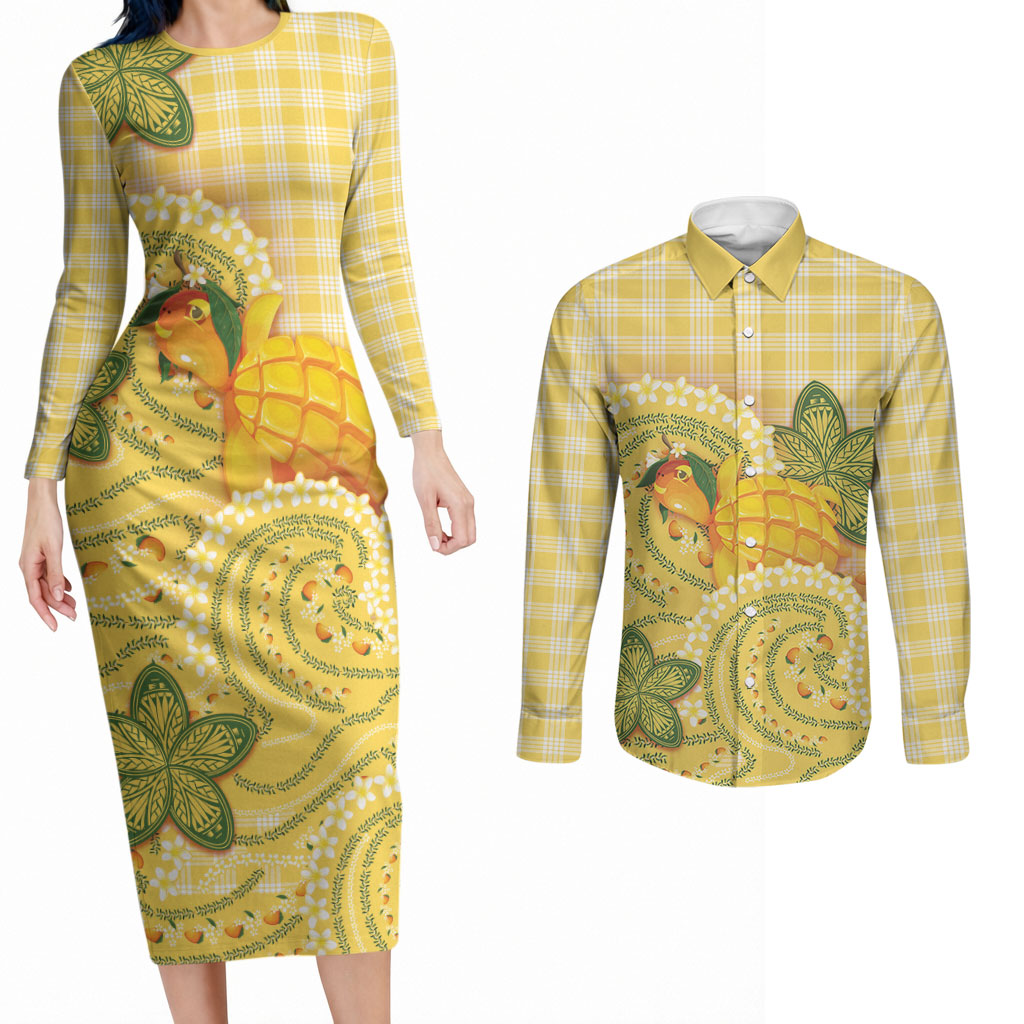 Hawaii Palaka Couples Matching Long Sleeve Bodycon Dress and Long Sleeve Button Shirt Cute Ripe Mango Turtle On The Waves DT05 Yellow - Polynesian Pride