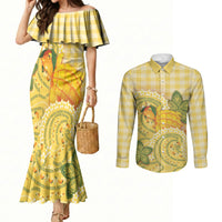 Hawaii Palaka Couples Matching Mermaid Dress and Long Sleeve Button Shirt Cute Ripe Mango Turtle On The Waves DT05 Yellow - Polynesian Pride