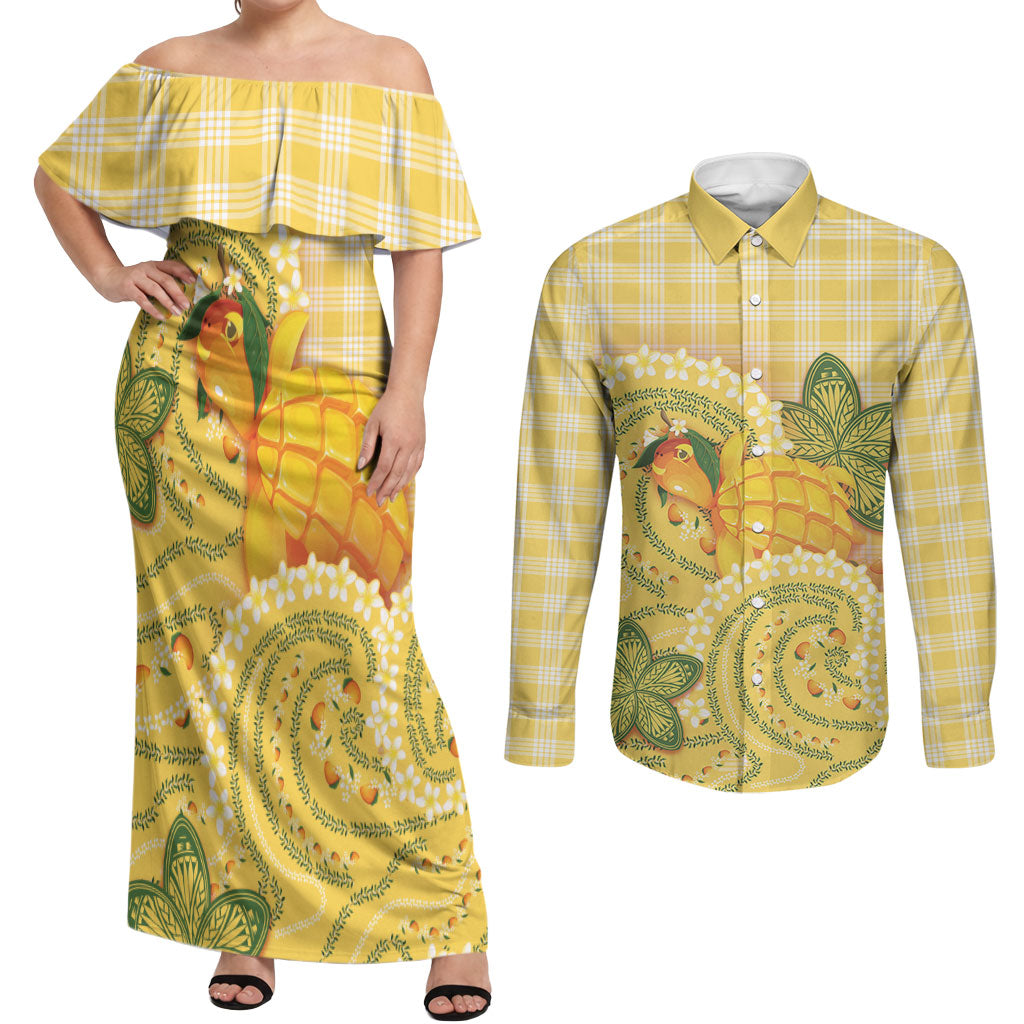 Hawaii Palaka Couples Matching Off Shoulder Maxi Dress and Long Sleeve Button Shirt Cute Ripe Mango Turtle On The Waves DT05 Yellow - Polynesian Pride
