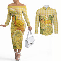 Hawaii Palaka Couples Matching Off The Shoulder Long Sleeve Dress and Long Sleeve Button Shirt Cute Ripe Mango Turtle On The Waves DT05 Yellow - Polynesian Pride