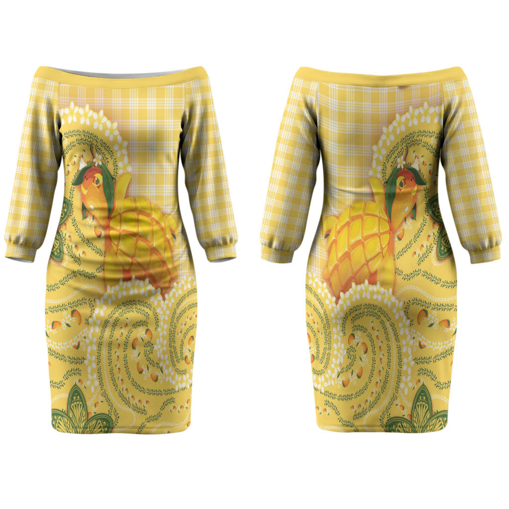 Hawaii Palaka Couples Matching Off The Shoulder Long Sleeve Dress and Long Sleeve Button Shirt Cute Ripe Mango Turtle On The Waves DT05 - Polynesian Pride