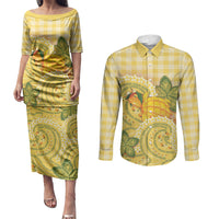 Hawaii Palaka Couples Matching Puletasi and Long Sleeve Button Shirt Cute Ripe Mango Turtle On The Waves DT05 Yellow - Polynesian Pride