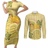 Hawaii Palaka Couples Matching Short Sleeve Bodycon Dress and Long Sleeve Button Shirt Cute Ripe Mango Turtle On The Waves DT05 Yellow - Polynesian Pride