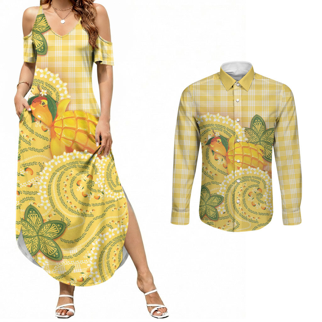 Hawaii Palaka Couples Matching Summer Maxi Dress and Long Sleeve Button Shirt Cute Ripe Mango Turtle On The Waves DT05 Yellow - Polynesian Pride