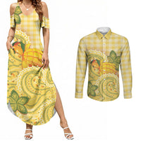 Hawaii Palaka Couples Matching Summer Maxi Dress and Long Sleeve Button Shirt Cute Ripe Mango Turtle On The Waves DT05 Yellow - Polynesian Pride