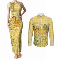 Hawaii Palaka Couples Matching Tank Maxi Dress and Long Sleeve Button Shirt Cute Ripe Mango Turtle On The Waves DT05 Yellow - Polynesian Pride