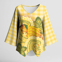 Hawaii Palaka Kimono Sleeve Blouse Cute Ripe Mango Turtle On The Waves DT05 Female Yellow - Polynesian Pride