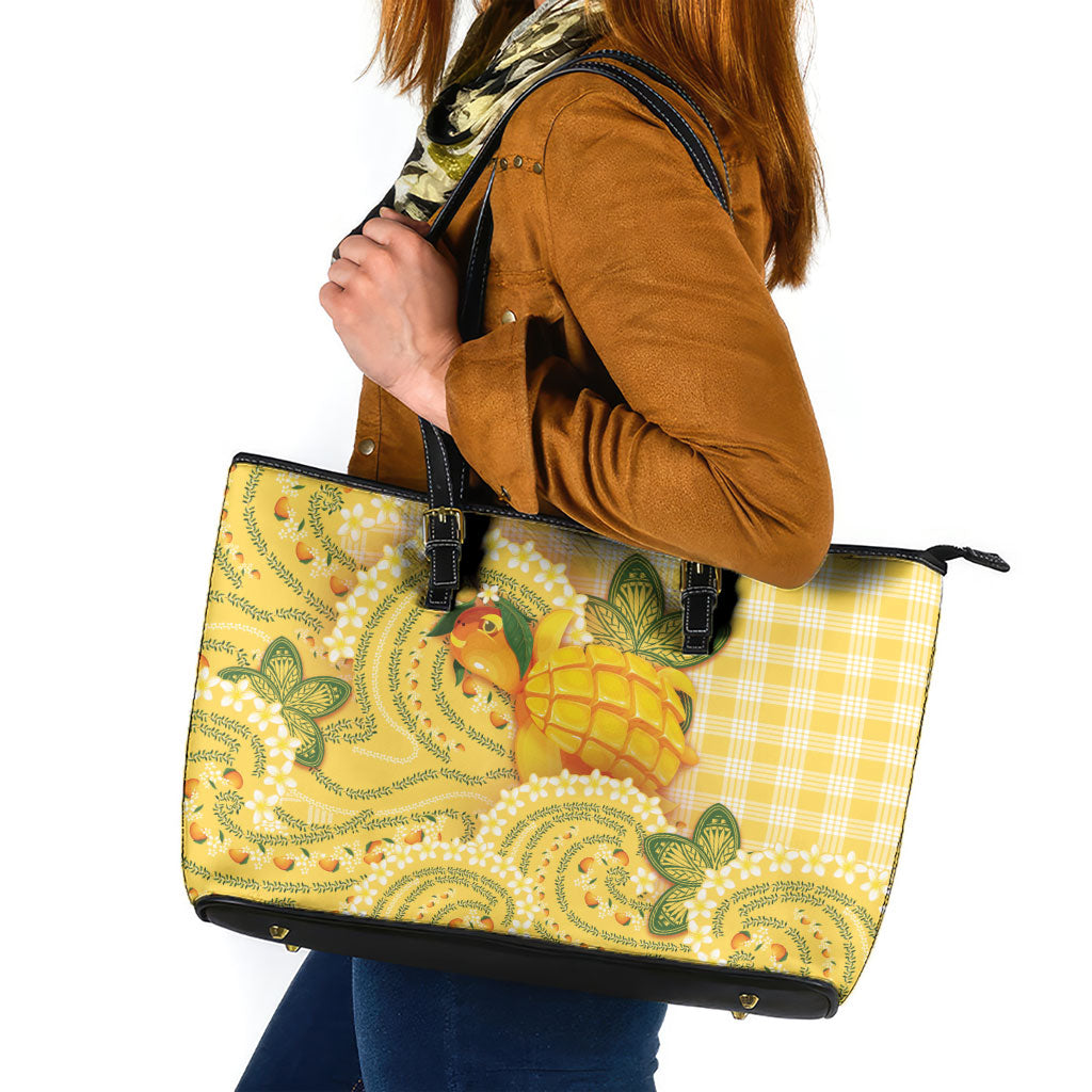 Hawaii Palaka Leather Tote Bag Cute Ripe Mango Turtle On The Waves DT05 Yellow - Polynesian Pride