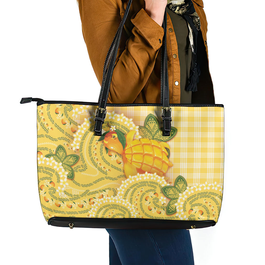Hawaii Palaka Leather Tote Bag Cute Ripe Mango Turtle On The Waves DT05 - Polynesian Pride