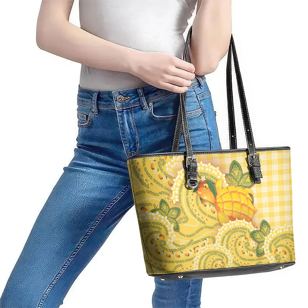 Hawaii Palaka Leather Tote Bag Cute Ripe Mango Turtle On The Waves DT05 - Polynesian Pride