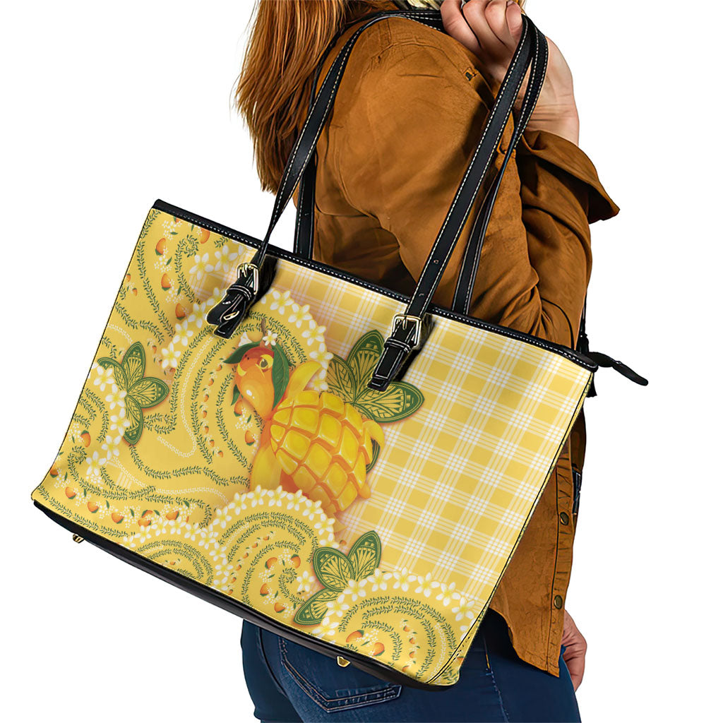 Hawaii Palaka Leather Tote Bag Cute Ripe Mango Turtle On The Waves DT05 - Polynesian Pride