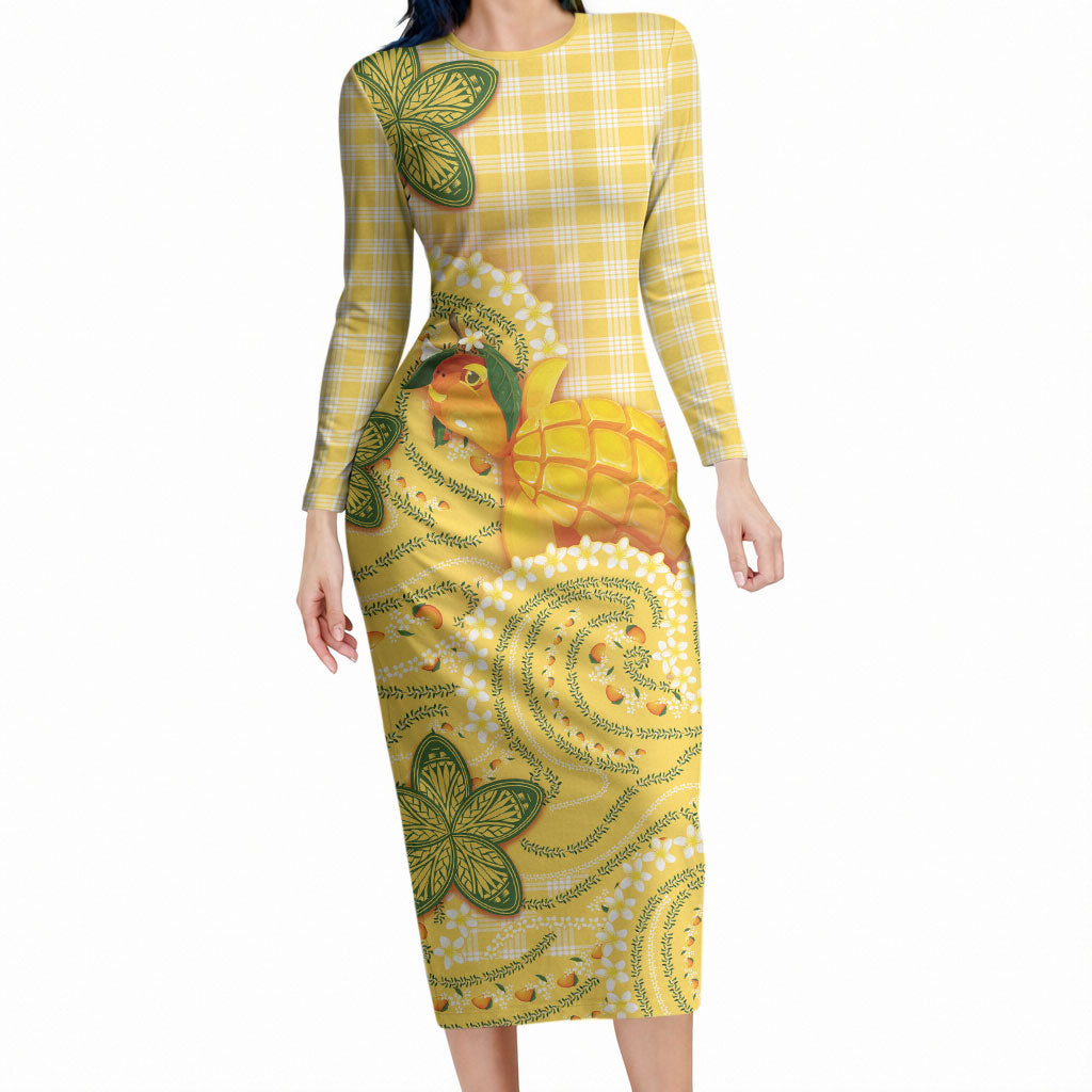 Hawaii Palaka Long Sleeve Bodycon Dress Cute Ripe Mango Turtle On The Waves DT05 Long Dress Yellow - Polynesian Pride