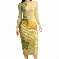 Hawaii Palaka Long Sleeve Bodycon Dress Cute Ripe Mango Turtle On The Waves DT05 Long Dress Yellow - Polynesian Pride