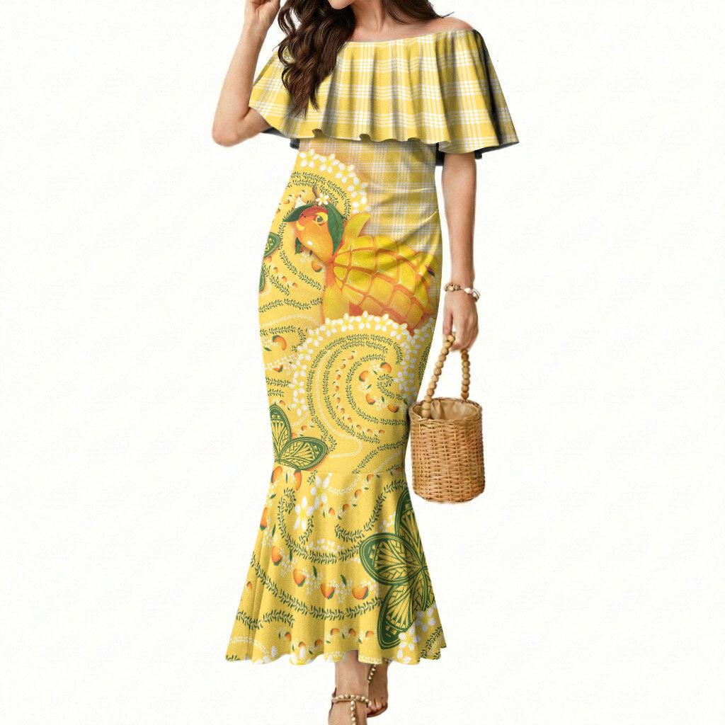Hawaii Palaka Mermaid Dress Cute Ripe Mango Turtle On The Waves DT05 Women Yellow - Polynesian Pride