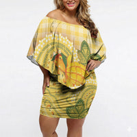 Hawaii Palaka Off Shoulder Short Dress Cute Ripe Mango Turtle On The Waves DT05 Women Yellow - Polynesian Pride