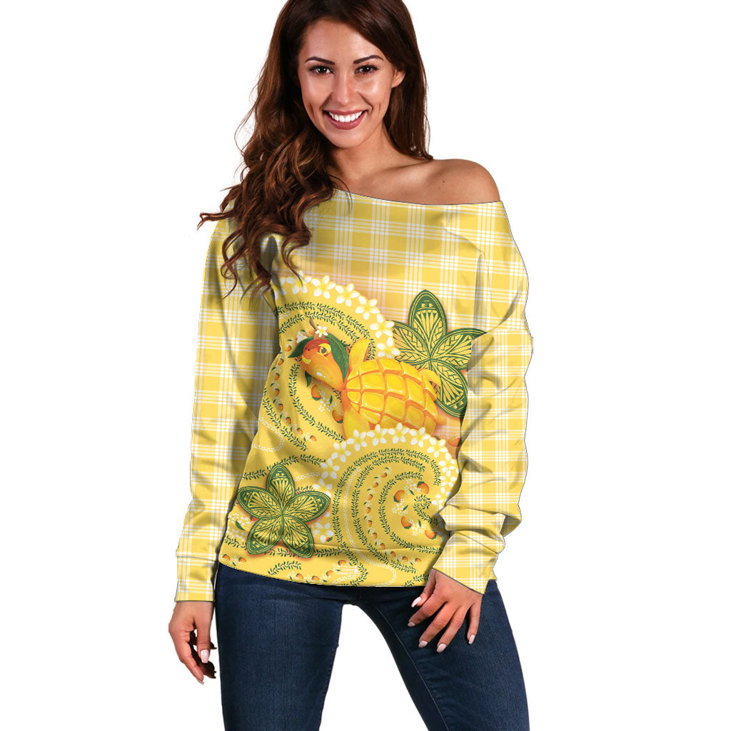 Hawaii Palaka Off Shoulder Sweater Cute Ripe Mango Turtle On The Waves DT05 Women Yellow - Polynesian Pride