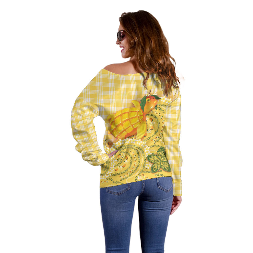 Hawaii Palaka Off Shoulder Sweater Cute Ripe Mango Turtle On The Waves DT05 - Polynesian Pride