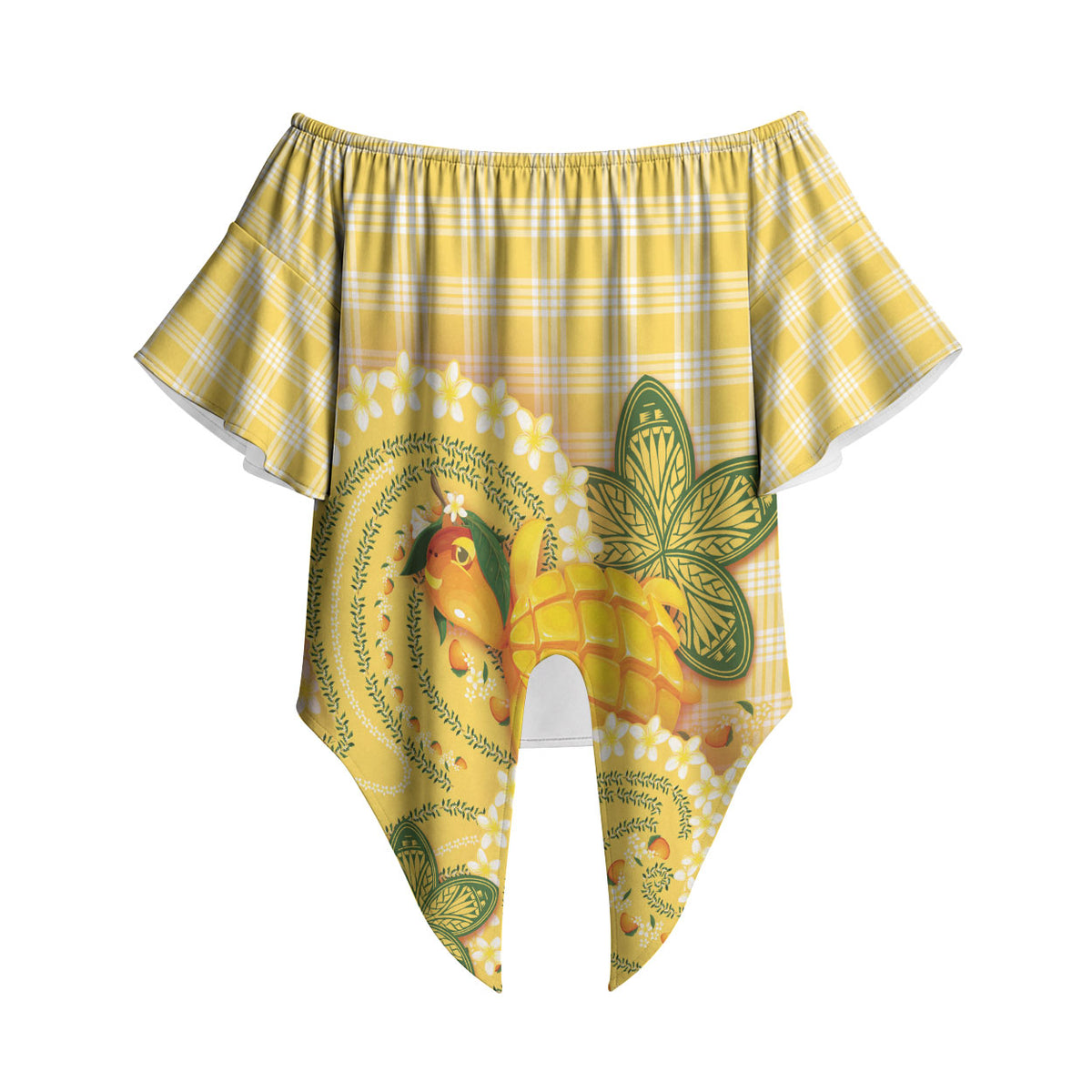 Hawaii Palaka Off Shoulder Wrap Waist Top Cute Ripe Mango Turtle On The Waves DT05 Yellow - Polynesian Pride