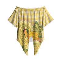 Hawaii Palaka Off Shoulder Wrap Waist Top Cute Ripe Mango Turtle On The Waves DT05 Yellow - Polynesian Pride