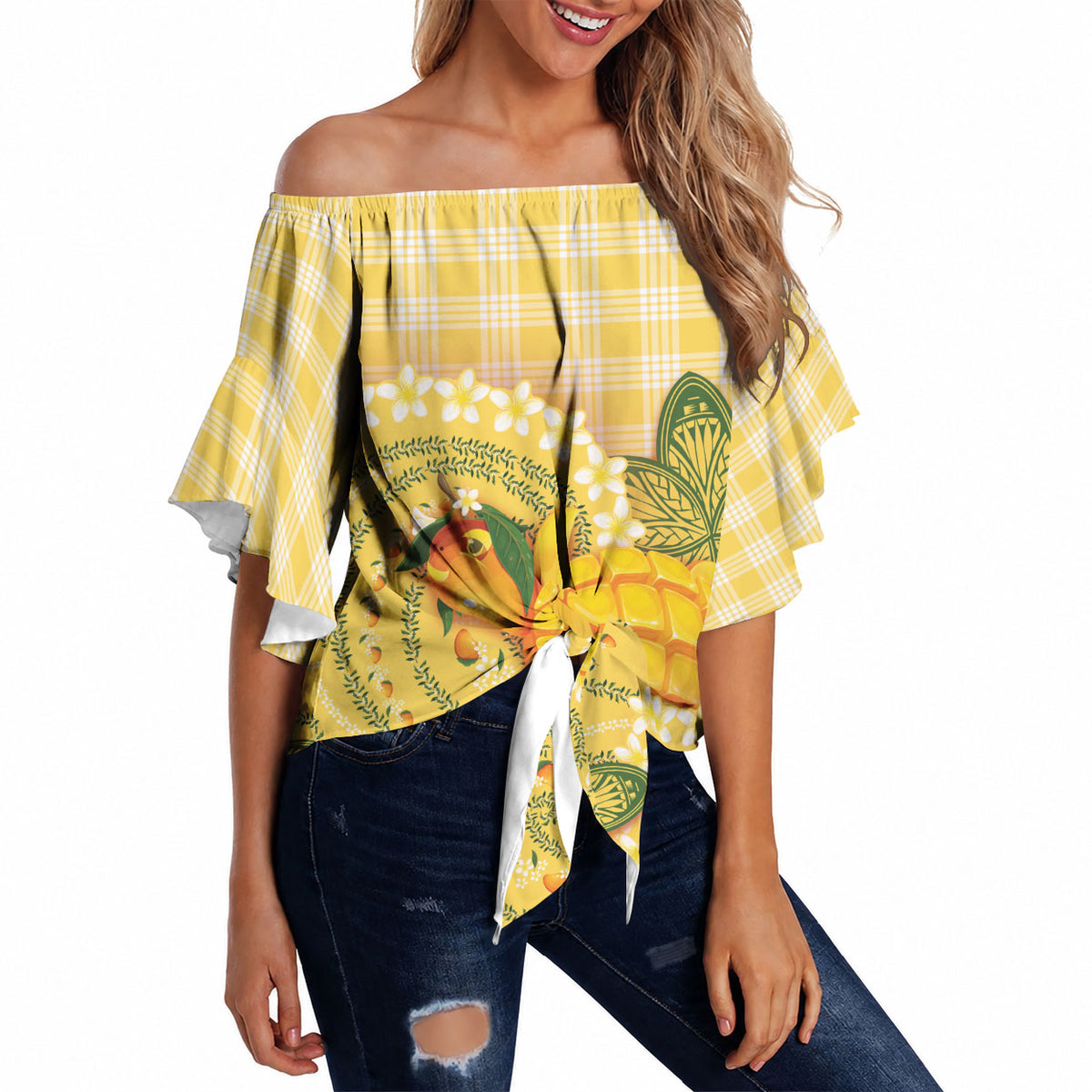 Hawaii Palaka Off Shoulder Wrap Waist Top Cute Ripe Mango Turtle On The Waves DT05 - Polynesian Pride