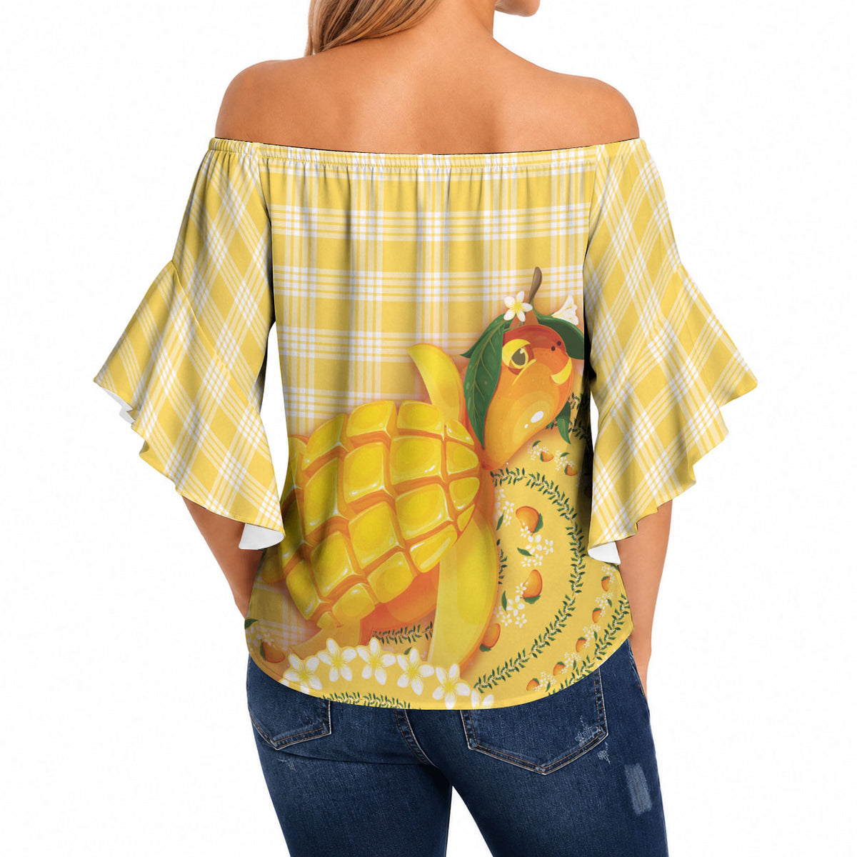 Hawaii Palaka Off Shoulder Wrap Waist Top Cute Ripe Mango Turtle On The Waves DT05 - Polynesian Pride