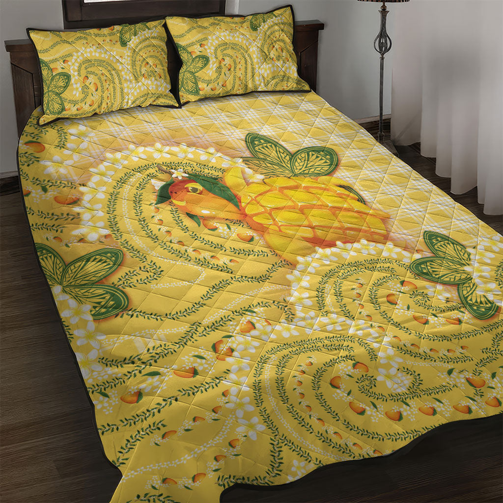 Hawaii Palaka Quilt Bed Set Cute Ripe Mango Turtle On The Waves DT05 Yellow - Polynesian Pride