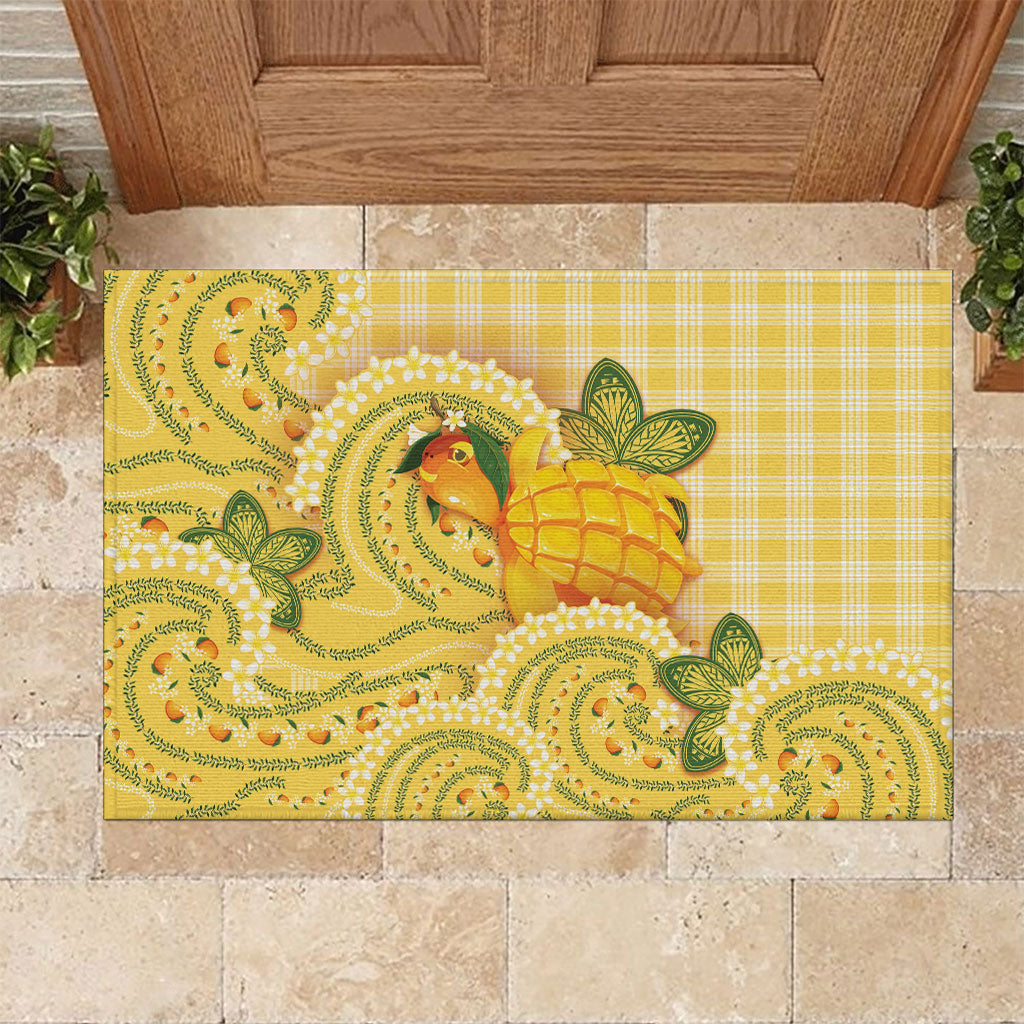 Hawaii Palaka Rubber Doormat Cute Ripe Mango Turtle On The Waves DT05 Yellow - Polynesian Pride