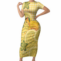 Hawaii Palaka Short Sleeve Bodycon Dress Cute Ripe Mango Turtle On The Waves DT05 Long Dress Yellow - Polynesian Pride