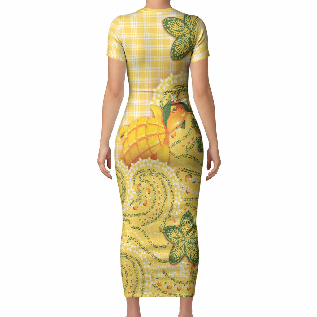 Hawaii Palaka Short Sleeve Bodycon Dress Cute Ripe Mango Turtle On The Waves DT05 - Polynesian Pride