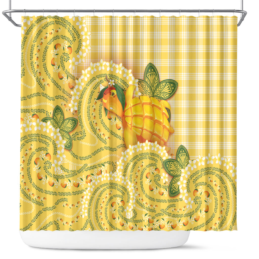 Hawaii Palaka Shower Curtain Cute Ripe Mango Turtle On The Waves DT05 Yellow - Polynesian Pride