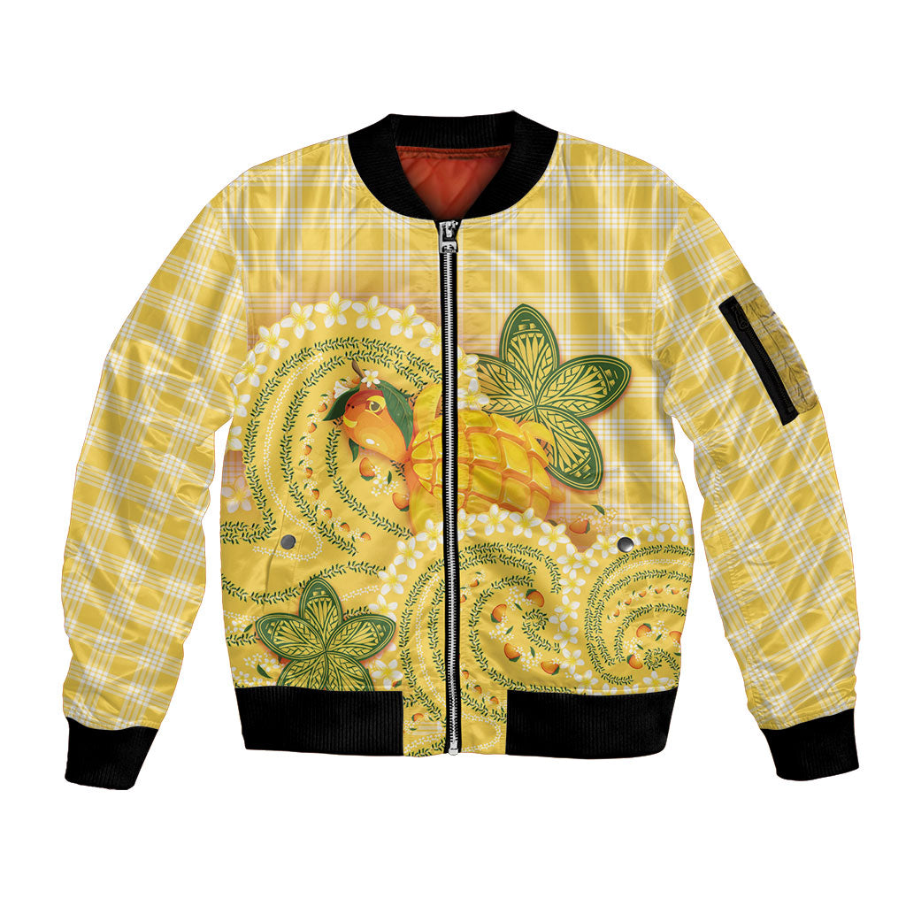 Hawaii Palaka Sleeve Zip Bomber Jacket Cute Ripe Mango Turtle On The Waves DT05 Unisex Yellow - Polynesian Pride