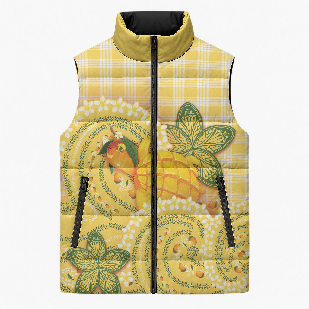 Hawaii Palaka Sleeveless Puffer Jacket Cute Ripe Mango Turtle On The Waves DT05 Unisex Yellow - Polynesian Pride