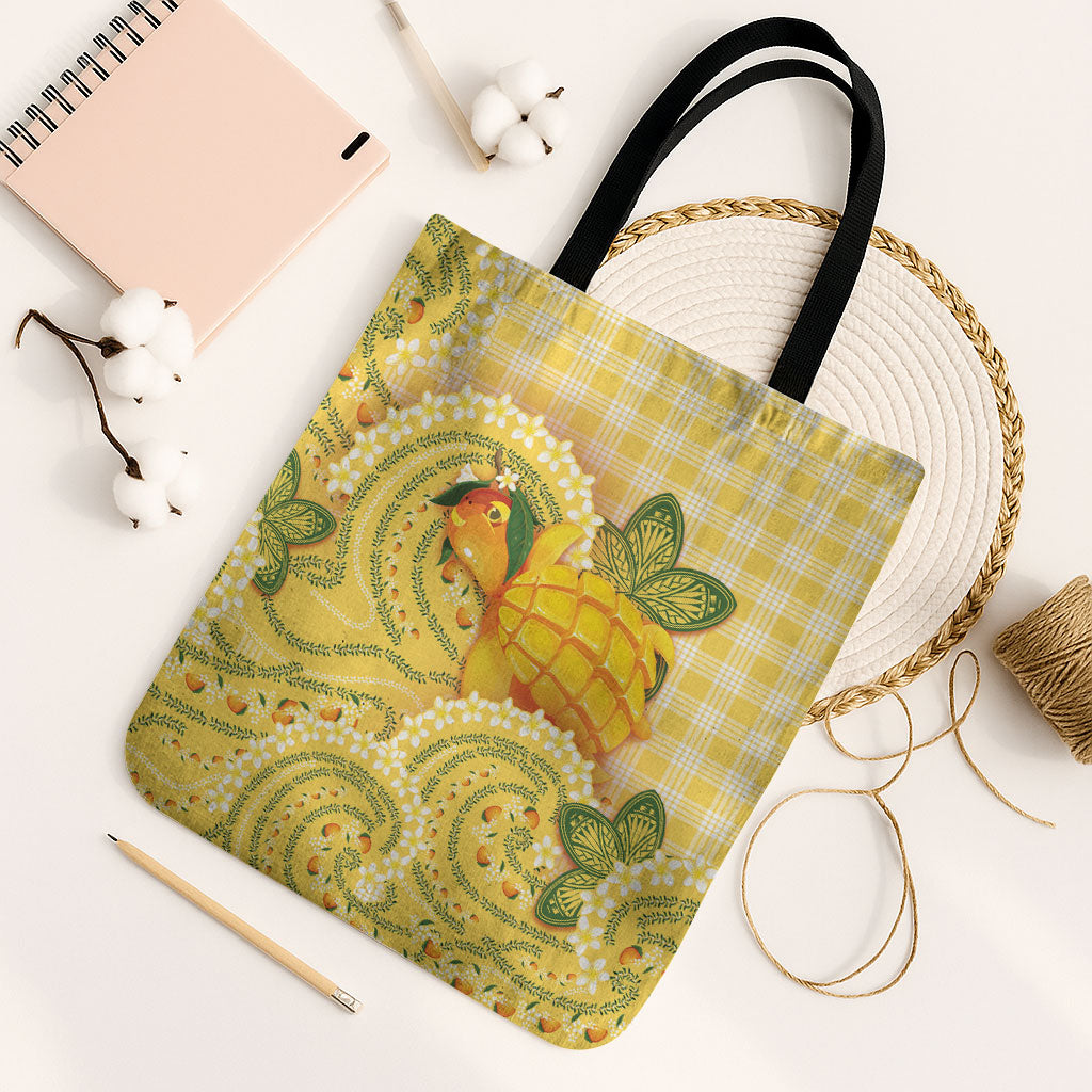 Hawaii Palaka Tote Bag Cute Ripe Mango Turtle On The Waves DT05 Black Strap One Size Yellow - Polynesian Pride