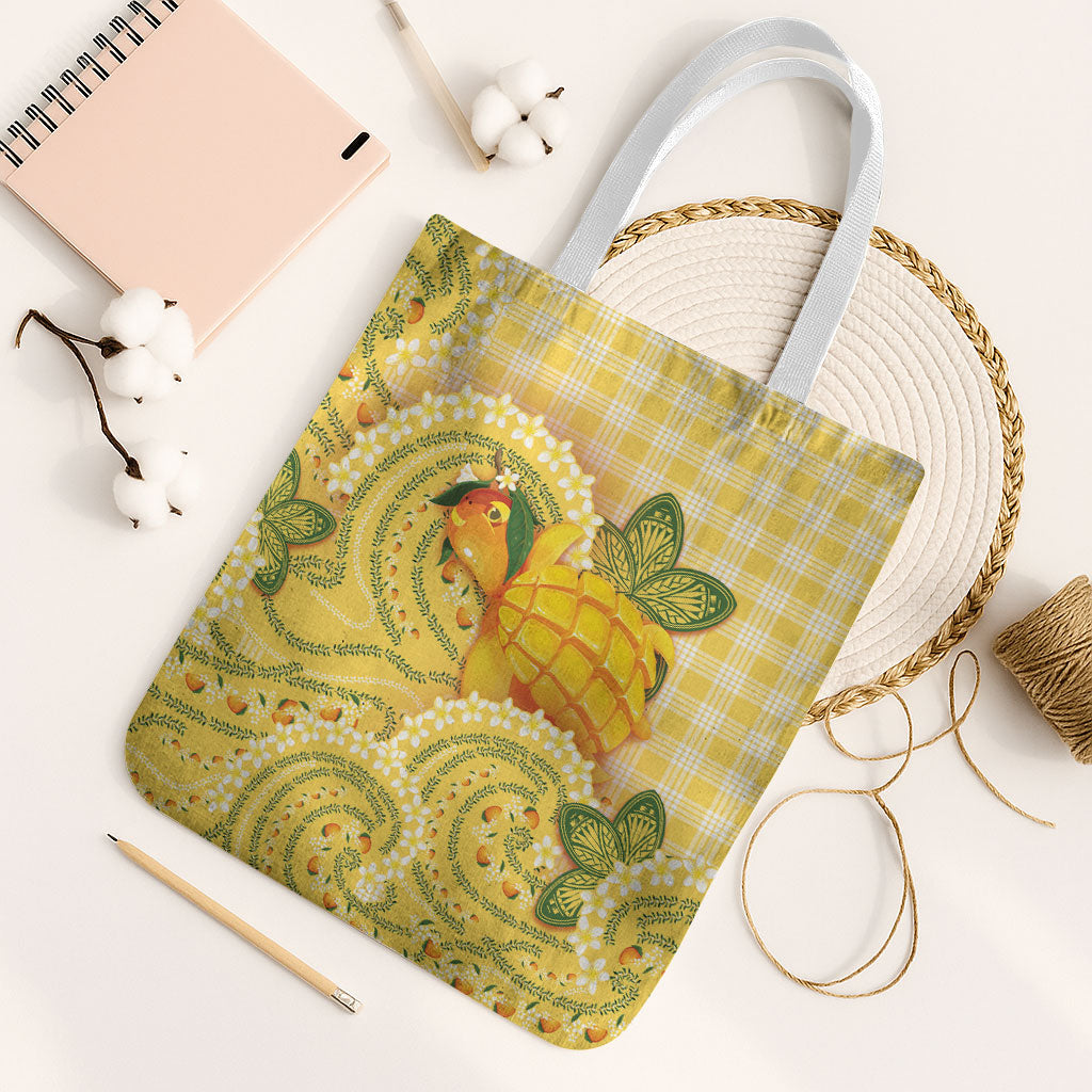 Hawaii Palaka Tote Bag Cute Ripe Mango Turtle On The Waves DT05 White Strap One Size Yellow - Polynesian Pride