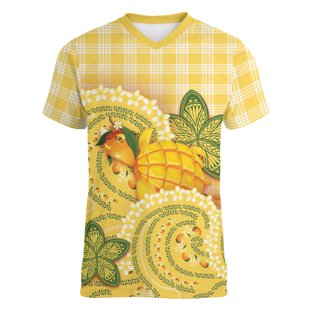 Hawaii Palaka Women V-Neck T-Shirt Cute Ripe Mango Turtle On The Waves DT05 Female Yellow - Polynesian Pride
