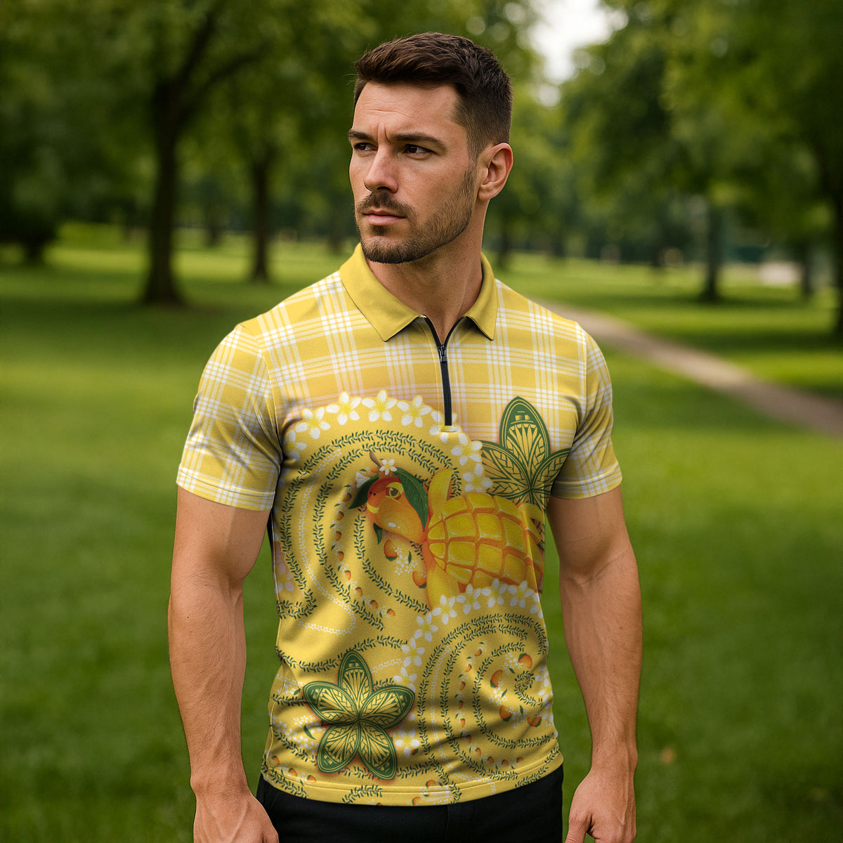 Hawaii Palaka Zipper Polo Shirt Cute Ripe Mango Turtle On The Waves DT05 - Polynesian Pride