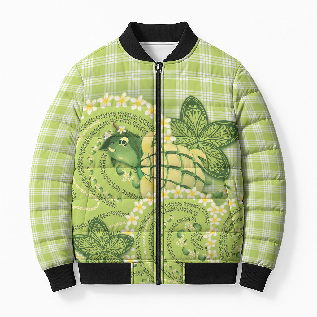 Hawaii Palaka Bomber Puffer Jacket Cute Green Mango Turtle On The Waves DT05 Unisex Green - Polynesian Pride