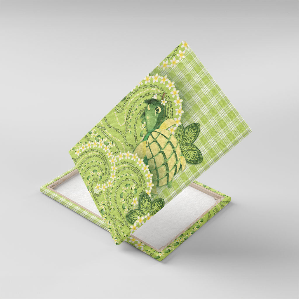 Hawaii Palaka Canvas Wall Art Cute Green Mango Turtle On The Waves DT05 With Frame Green - Polynesian Pride