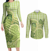 Hawaii Palaka Couples Matching Long Sleeve Bodycon Dress and Long Sleeve Button Shirt Cute Green Mango Turtle On The Waves DT05 Green - Polynesian Pride