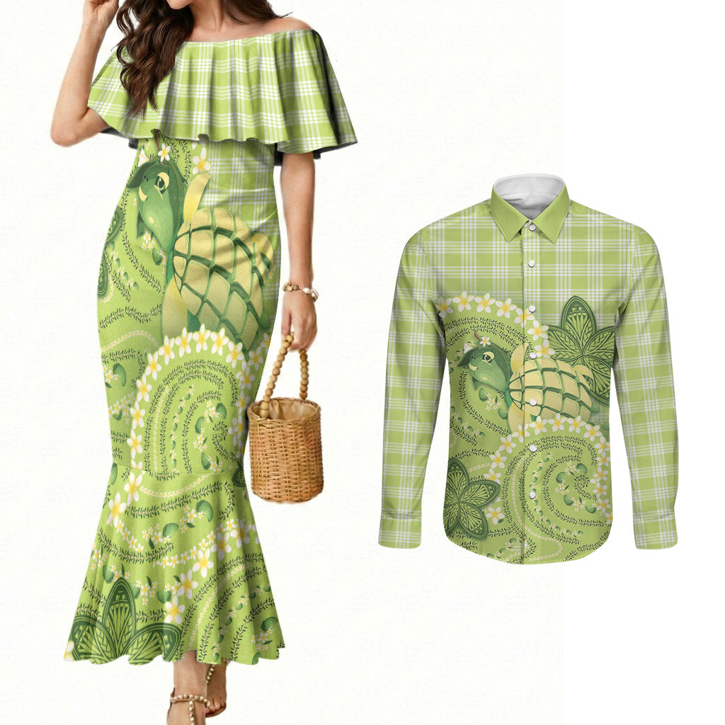 Hawaii Palaka Couples Matching Mermaid Dress and Long Sleeve Button Shirt Cute Green Mango Turtle On The Waves DT05 Green - Polynesian Pride