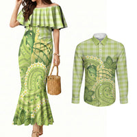 Hawaii Palaka Couples Matching Mermaid Dress and Long Sleeve Button Shirt Cute Green Mango Turtle On The Waves DT05 Green - Polynesian Pride