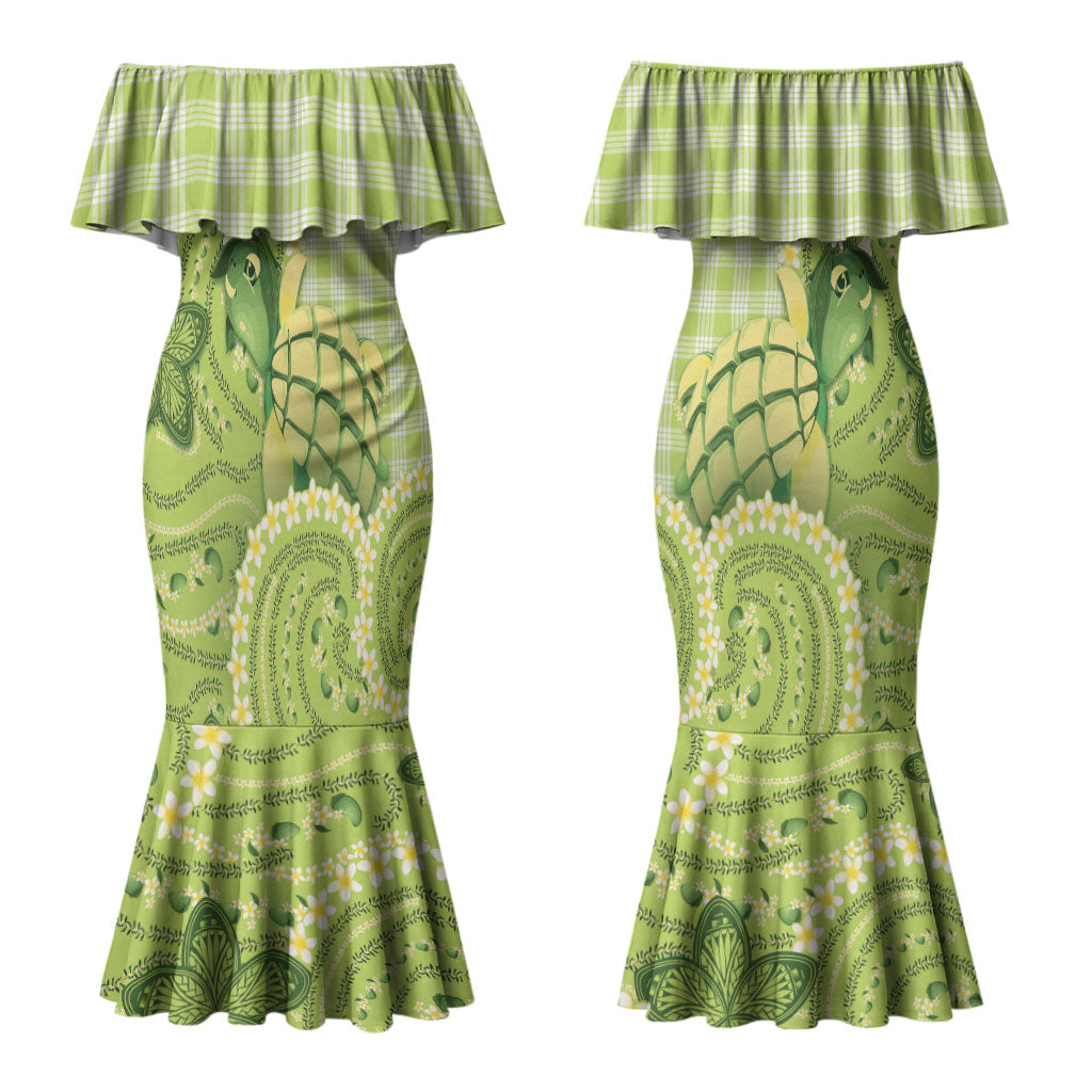 Hawaii Palaka Couples Matching Mermaid Dress and Long Sleeve Button Shirt Cute Green Mango Turtle On The Waves DT05 - Polynesian Pride
