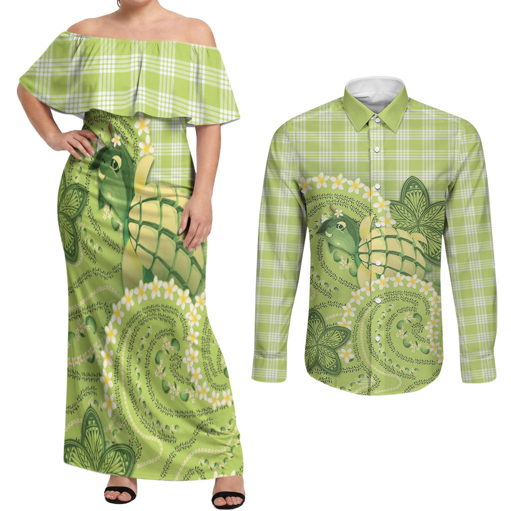 Hawaii Palaka Couples Matching Off Shoulder Maxi Dress and Long Sleeve Button Shirt Cute Green Mango Turtle On The Waves DT05 Green - Polynesian Pride