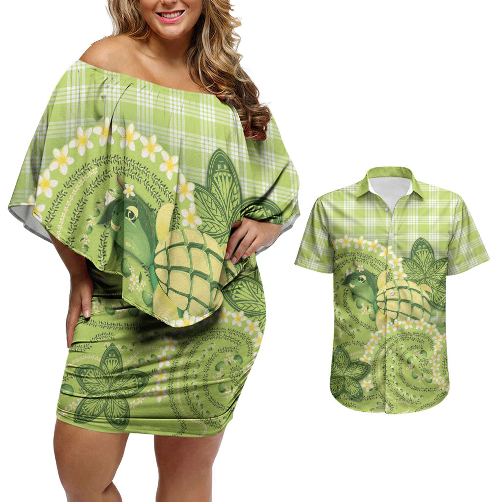 Hawaii Palaka Couples Matching Off Shoulder Short Dress and Hawaiian Shirt Cute Green Mango Turtle On The Waves DT05 Green - Polynesian Pride