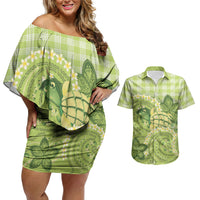 Hawaii Palaka Couples Matching Off Shoulder Short Dress and Hawaiian Shirt Cute Green Mango Turtle On The Waves DT05 Green - Polynesian Pride