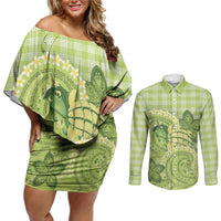 Hawaii Palaka Couples Matching Off Shoulder Short Dress and Long Sleeve Button Shirt Cute Green Mango Turtle On The Waves DT05 Green - Polynesian Pride