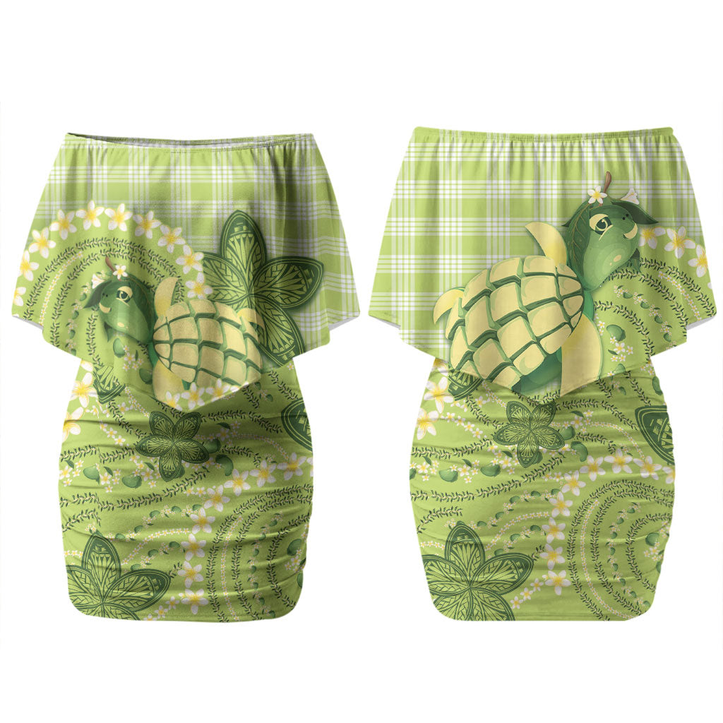 Hawaii Palaka Couples Matching Off Shoulder Short Dress and Long Sleeve Button Shirt Cute Green Mango Turtle On The Waves DT05 - Polynesian Pride