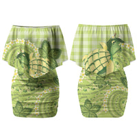 Hawaii Palaka Couples Matching Off Shoulder Short Dress and Long Sleeve Button Shirt Cute Green Mango Turtle On The Waves DT05 - Polynesian Pride