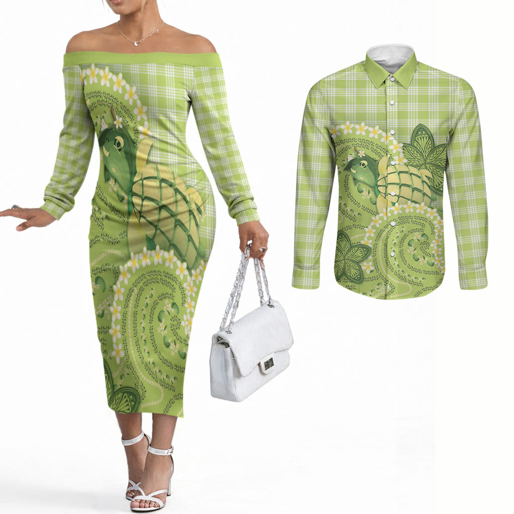 Hawaii Palaka Couples Matching Off The Shoulder Long Sleeve Dress and Long Sleeve Button Shirt Cute Green Mango Turtle On The Waves DT05 Green - Polynesian Pride
