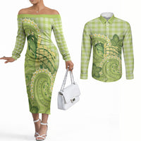 Hawaii Palaka Couples Matching Off The Shoulder Long Sleeve Dress and Long Sleeve Button Shirt Cute Green Mango Turtle On The Waves DT05 Green - Polynesian Pride